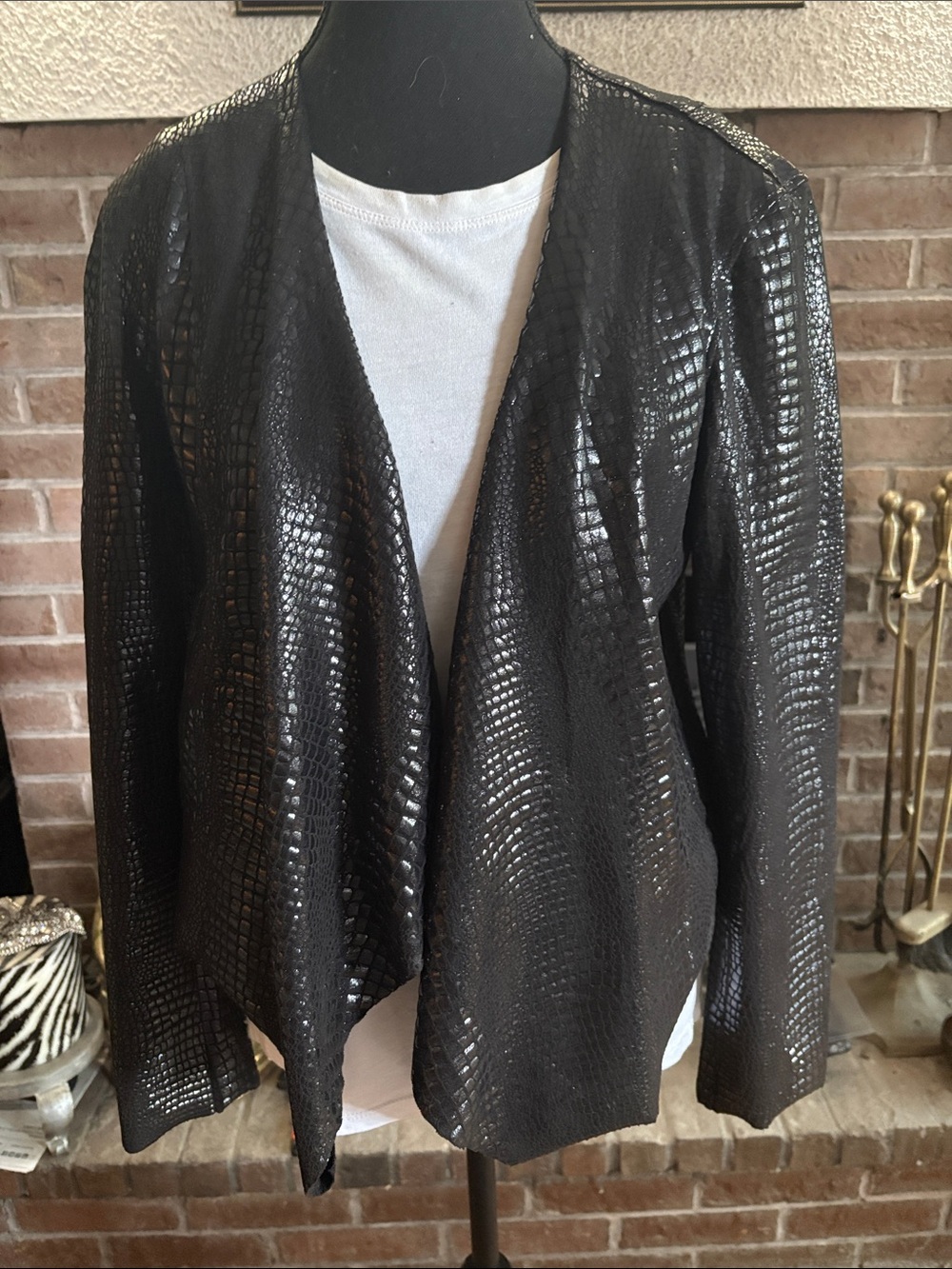 Blank NYC Black Faux-Snakeskin Draped Open Front Jacket